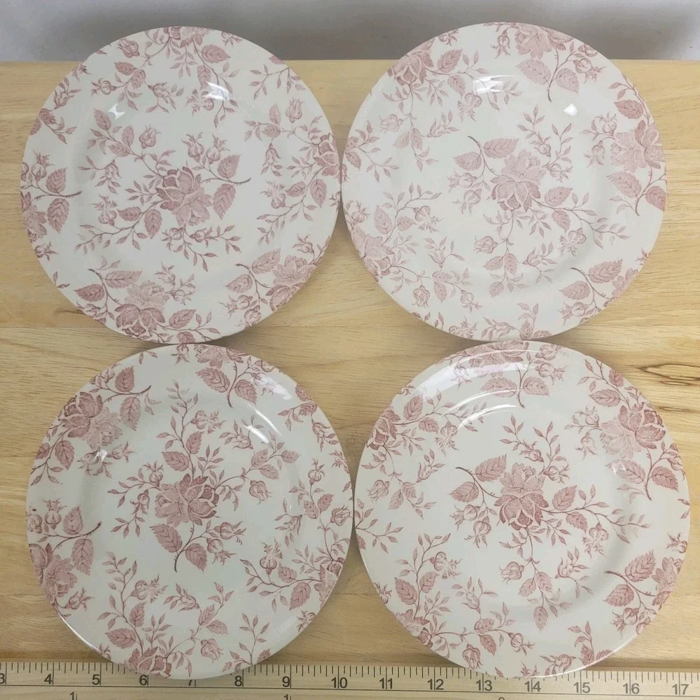Vintage EIT England Ironstone Red Rose Calico Floral Plates Set of 4 Farmhouse